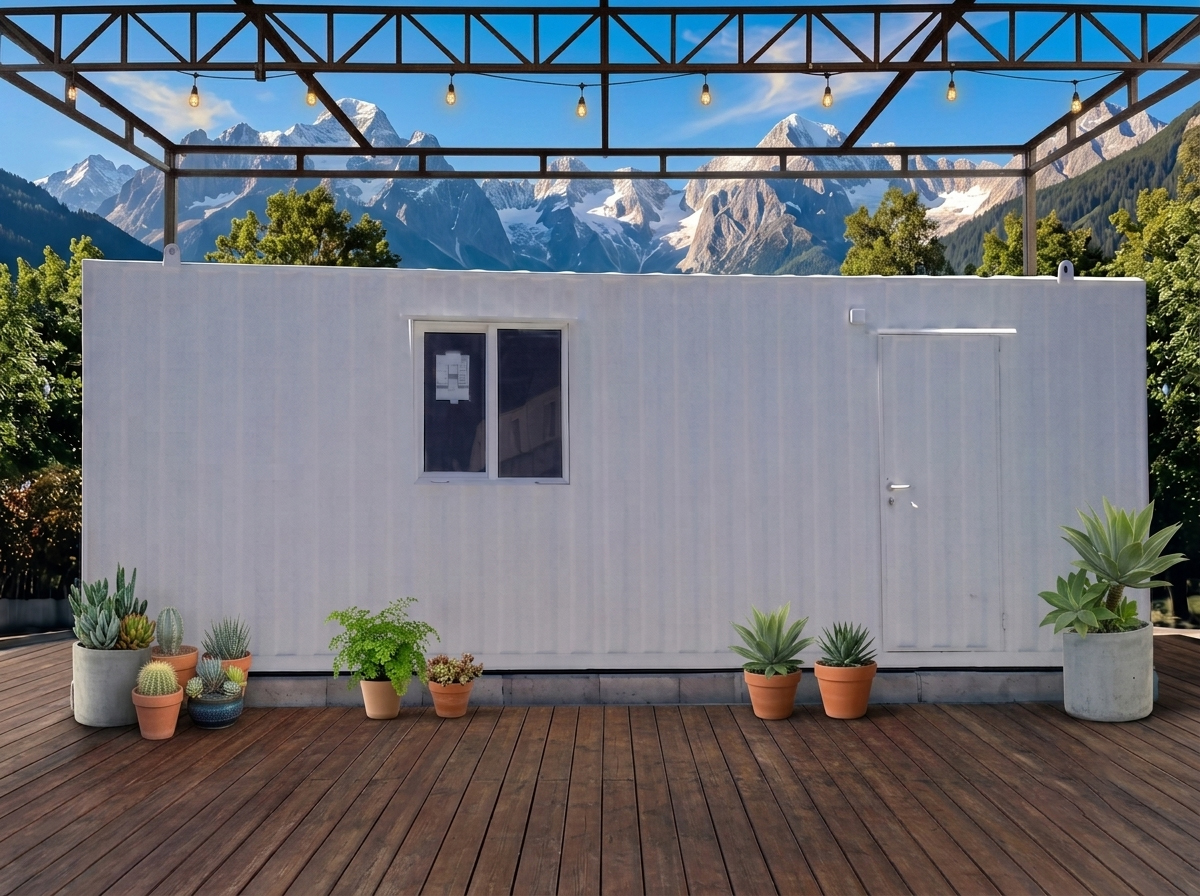 Tiny house contenedor de 15 m² sobre deck de madera, atardecer