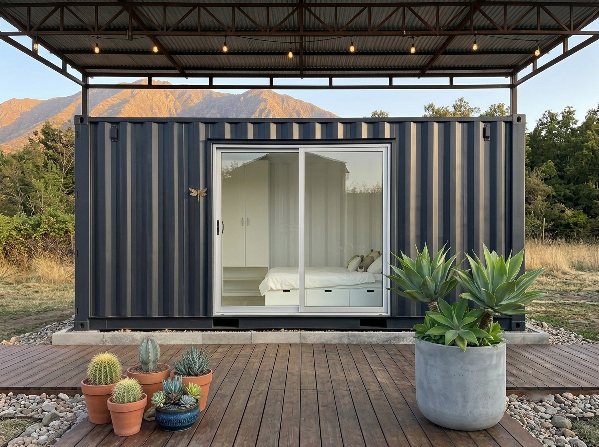 Tiny house container modelo Pirque, vista nocturna con iluminación exterior