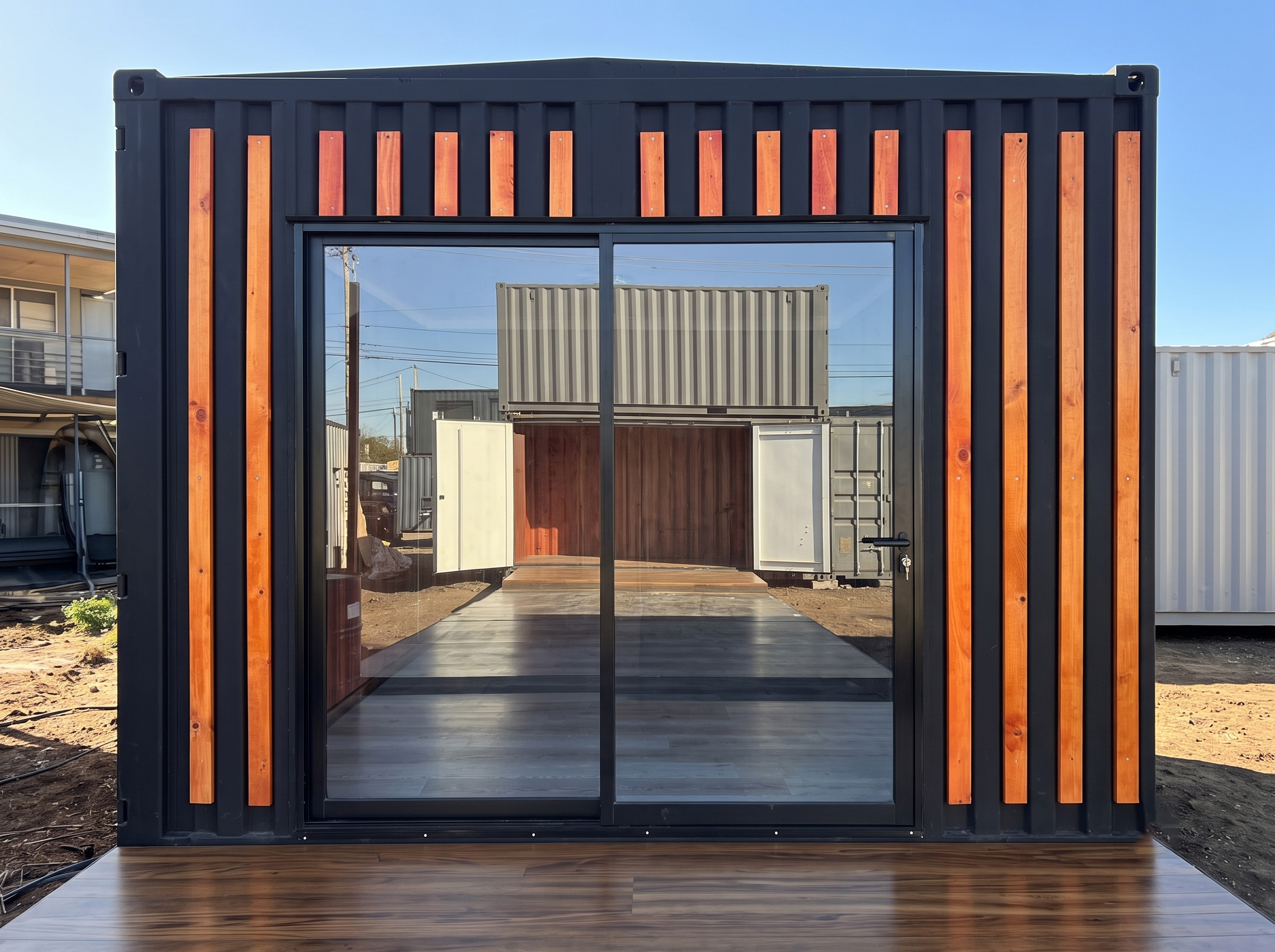 Deck y mobiliario exterior de un módulo container con cocina