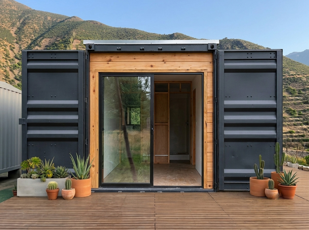 Tiny house contenedor modelo Topocalma, fachada iluminada al atardecer