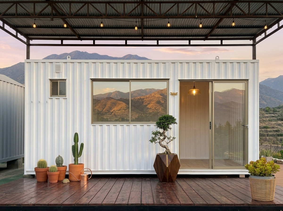 Deck de tablas de pino con pérgola metálica iluminada
