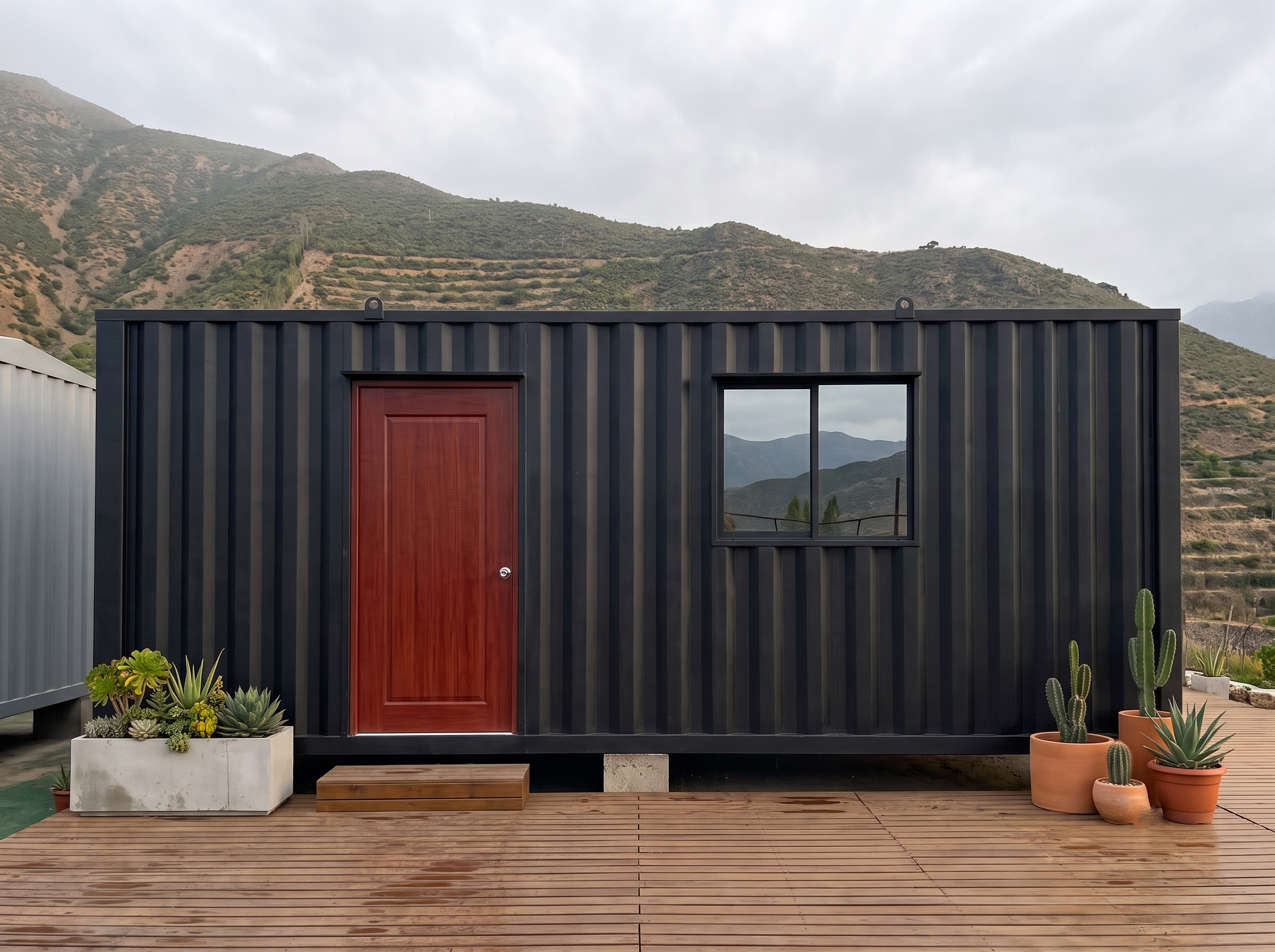 Loft modular container al atardecer, revestimiento de listones