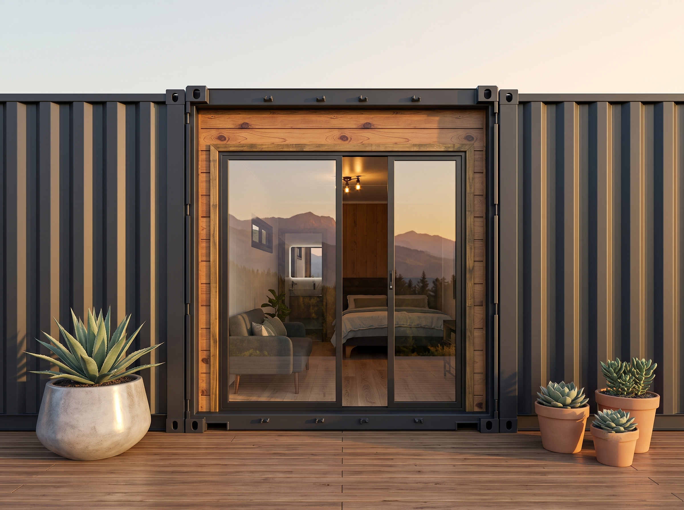 Casa container Loft 15 m² Medium al atardecer, con revestimiento de listones y tinaja
