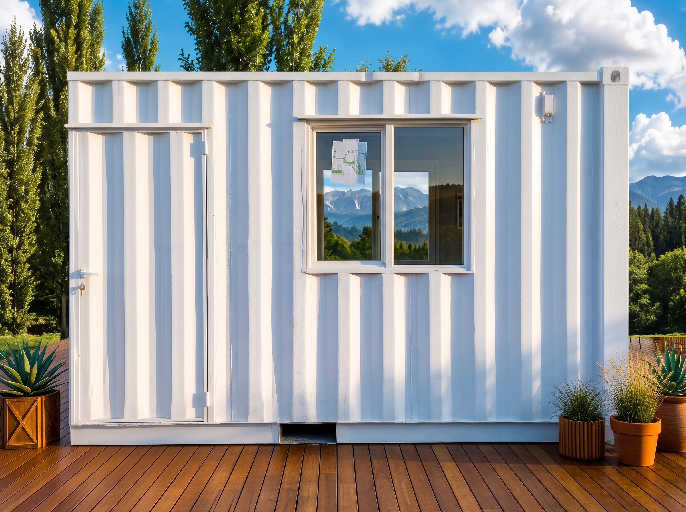 Loft de 15 m² con ventanal completo y deck de madera, render