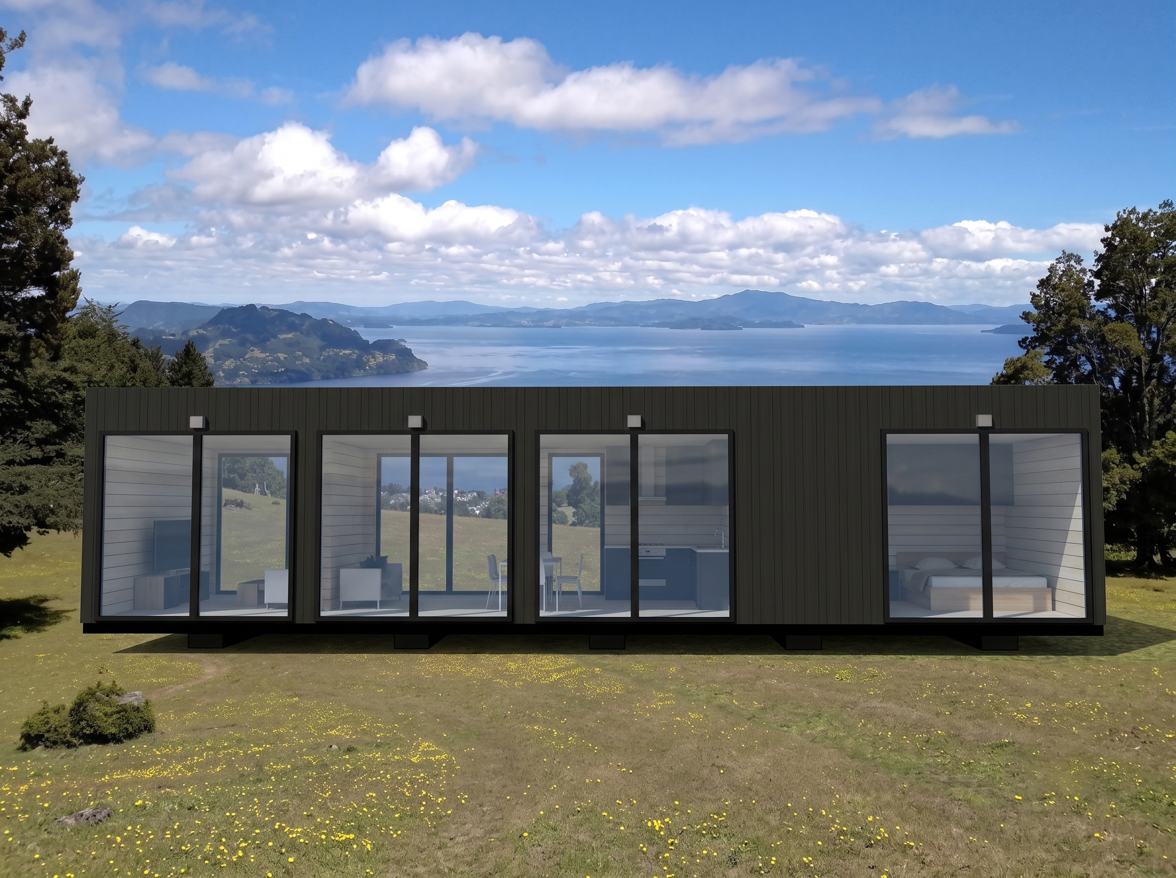Fachada norte de un módulo container con ventanal completo y deck de madera