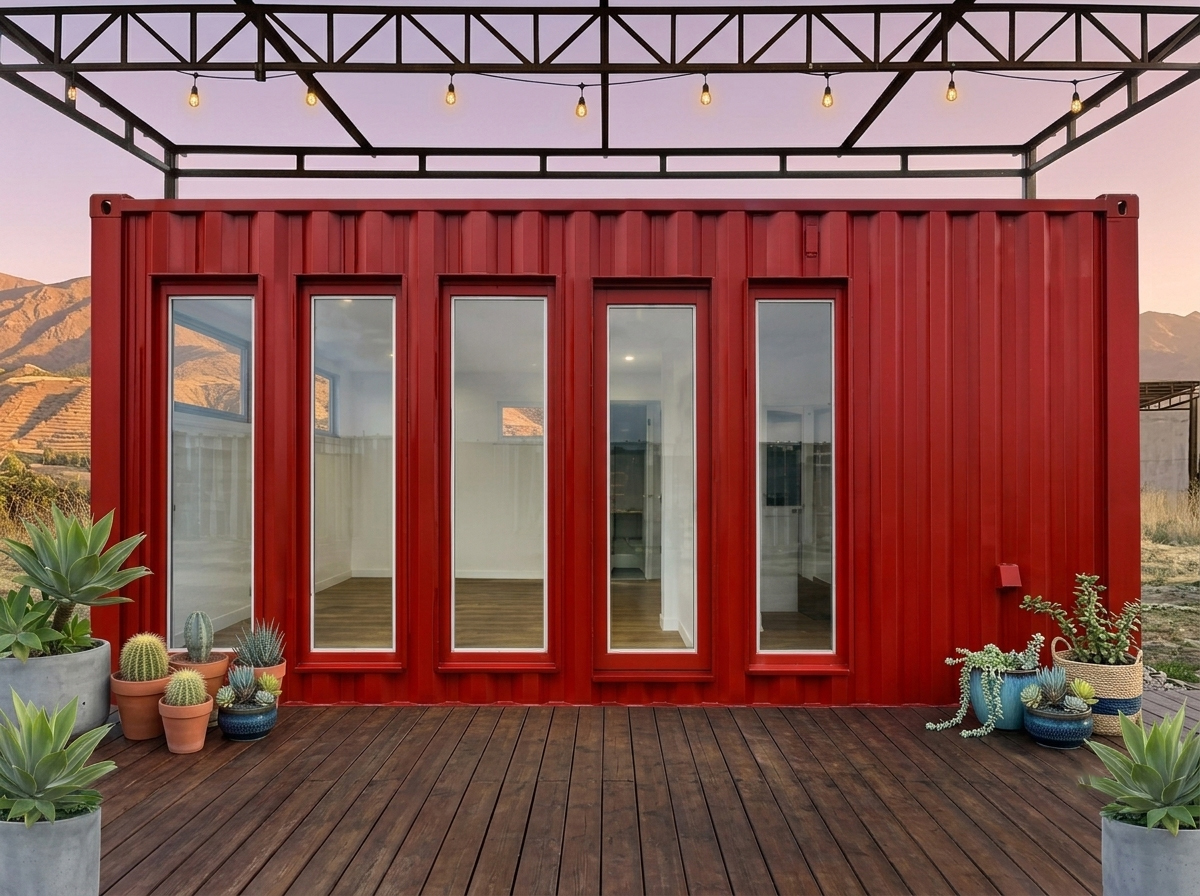 Suite container de noche con tinaja de madera caliente y deck iluminado