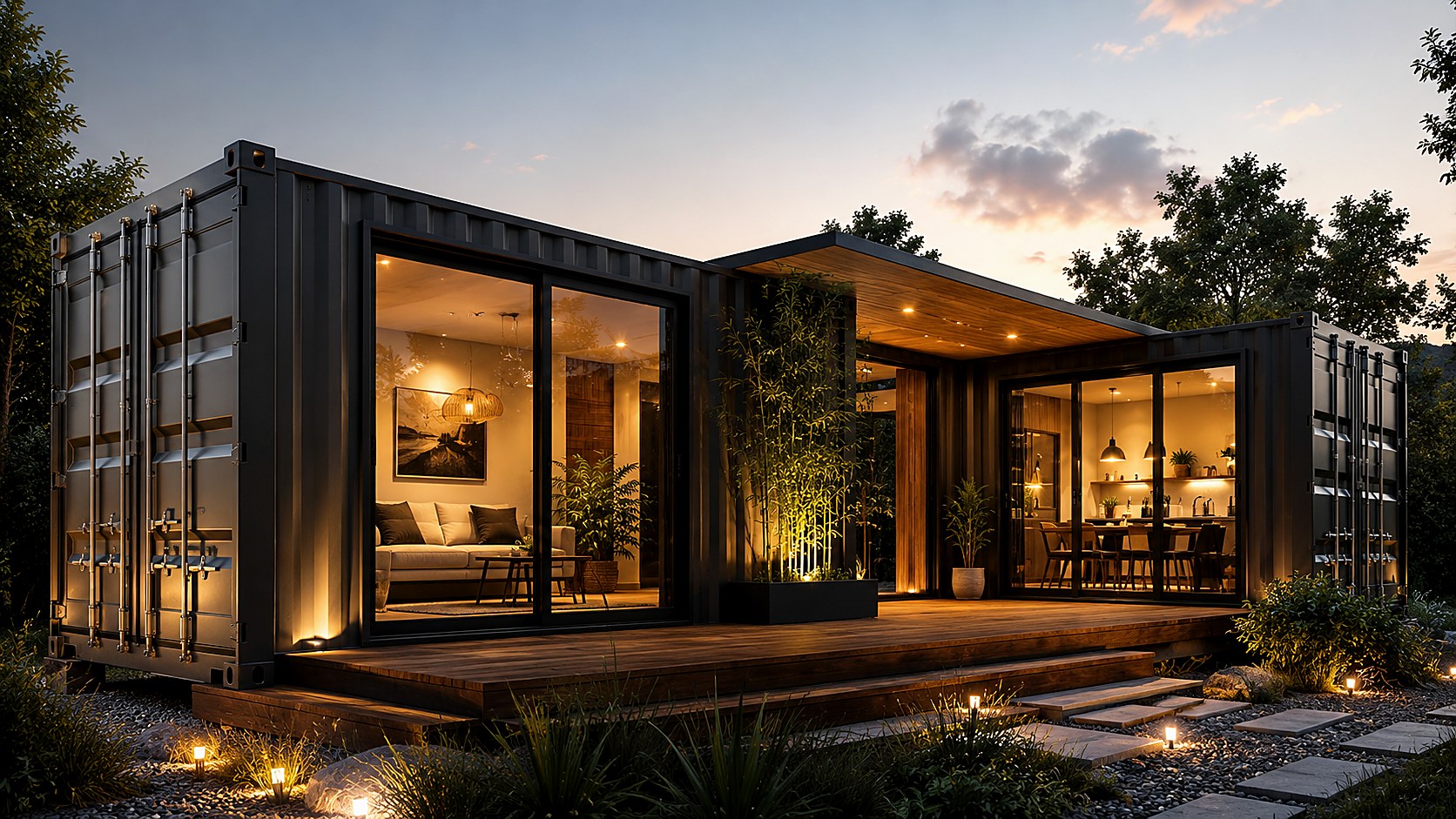 Render de una tiny house container con living integrado, terraza de madera y pérgola, rodeada de árboles