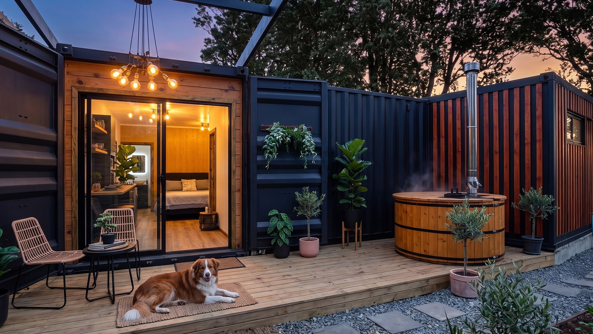 Casa container de 40 pies al atardecer, con revestimiento de listones y tinaja de madera